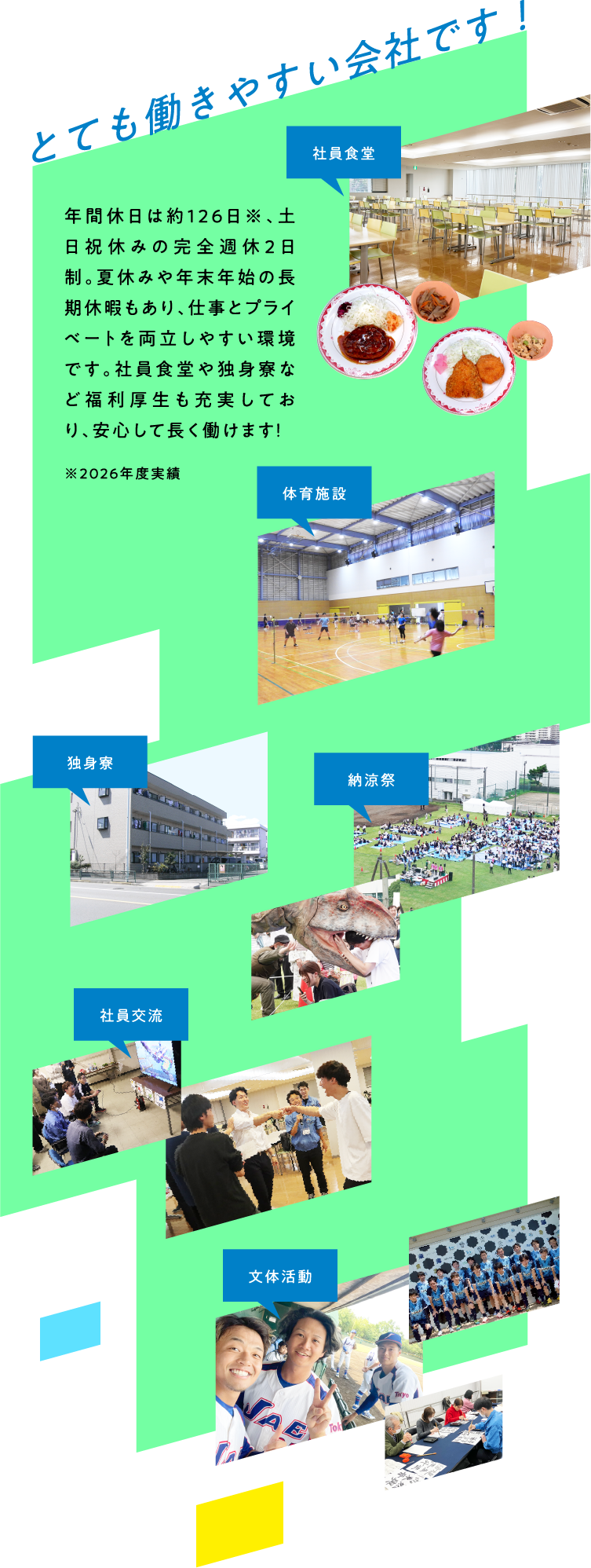 とても働きやすい会社です！ 年間休日は約126日※、土日祝休みの完全週休2日制。夏休みや年末年始の長期休暇もあり、仕事とプライベートを両立しやすい環境です。社員食堂や独身寮など福利厚生も充実しており、安心して長く働けます！